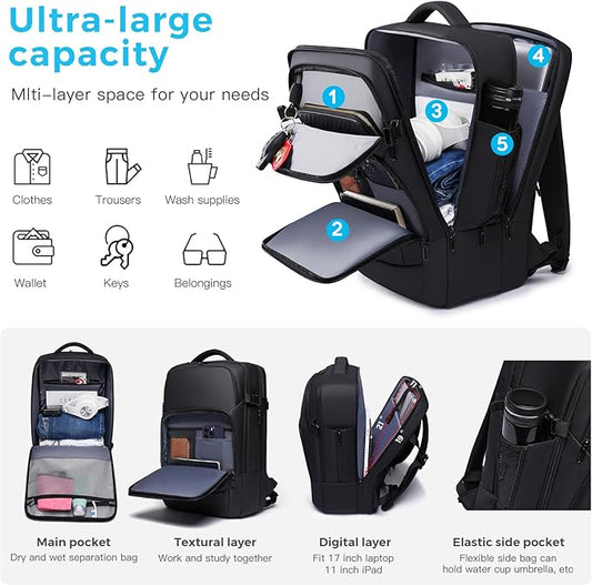 Travel Backpack for Men, 17.3 Inches Business Laptop Backpack Water-Resistant Carry on Airline Approved 18x14x8 Luggage Backpack with USB Charger Port