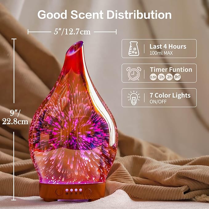 Porseme Essential Oil Diffuser 3D Firework Glass Aromatherapy Ultrasonic Humidifier Rose Gold,Auto Shut-Off,Timer Setting,BPA Free,Aroma Decoration for Home,Office,Gym,Spa,Premium Gift 100ML