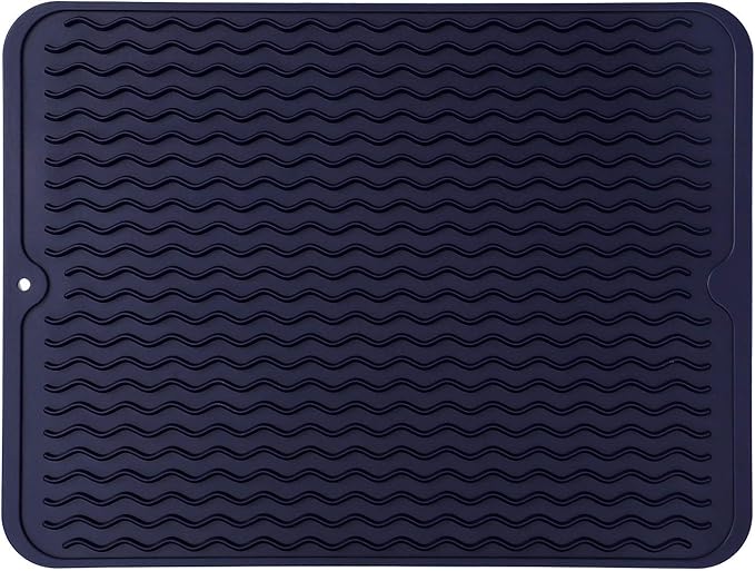 Silicone Dish Drying Mat for Multiple Usage,Easy clean,Eco-friendly,Heat-resistant Silicone Mat for Kitchen Counter or Sink,Refrigerator or drawer liner Navy Blue L 16 inches x 12 inches
