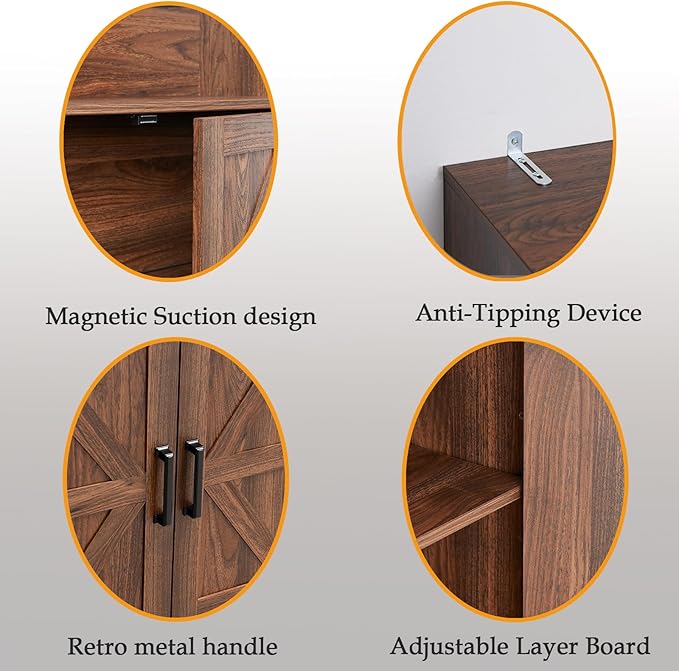 70in Tall Bookshelf 6 Tier Bookcase with Barn Doors and Adjustable Shelf, Brown Farmhouse Book Shelves with Storage Cabinet,Wood Floor Standing Display Bookshelve for Bedroom,Living Room,Kitchen