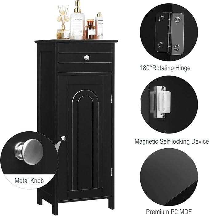 Tangkula Bathroom Floor Cabinet, Wooden Side Storage Organizer, Free-Standing Single Door Floor Storage Cabinet with Large Drawer & 2 Adjustable Shelves for Living Room Kitchen (Black)
