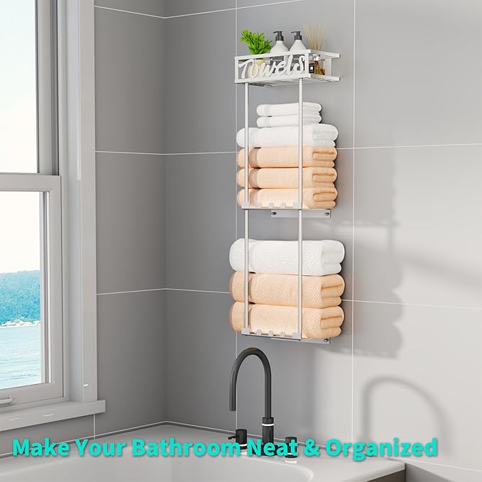 HapiRm Towel Rack Bathroom Storage - 3 Tier Over The Door & Wall Mounted Rolled Towel Racks Holder Organizer with Metal Shelf and 6 Hooks for Small Bathroom, Camper, Rv - Sliver