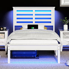 VINGLI Solid Wood Twin Bed Frame with LED Lights & USB Charging Station Single Platform Panel Bed with 40 Inches Tall Headboard for Kids,No Box Spring Needed,White