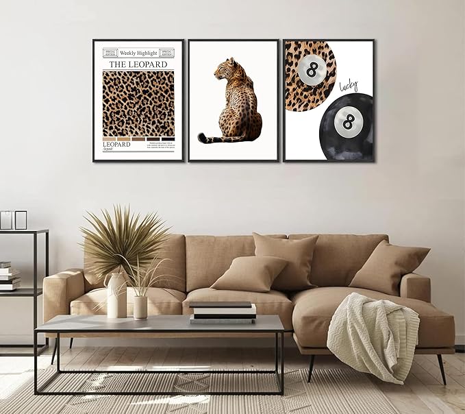 Set of 3 Trendy Leopard Canvas Wall Art Funky Lucky 8 Ball Posters Prints Preppy Room Aesthetic Cheetah Wall Decor Paintings Pictures for Girls Bedroom Apartment Dorm 12x16in Unframed