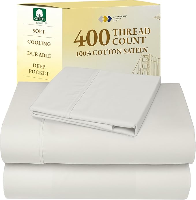 California Design Den Soft Twin Sheets Set - 400 Thread Count Sateen, Natural 100% Cotton Sheets, Deep Pockets, and Durable Bedding Set for Dorm Rooms & Adults - Ivory (Pale Tone) CaliforniaDesignDen