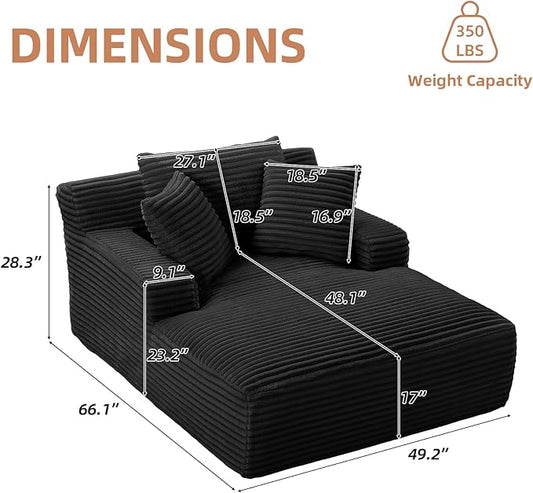 Oversized Chaise Lounge Chair Indoor Corduroy Sofa Bed with Throw Pillows Recliner Chair Comfy Large Deep Seat Sofa Couch for Living Room, Bedroom, Apartment (Black)