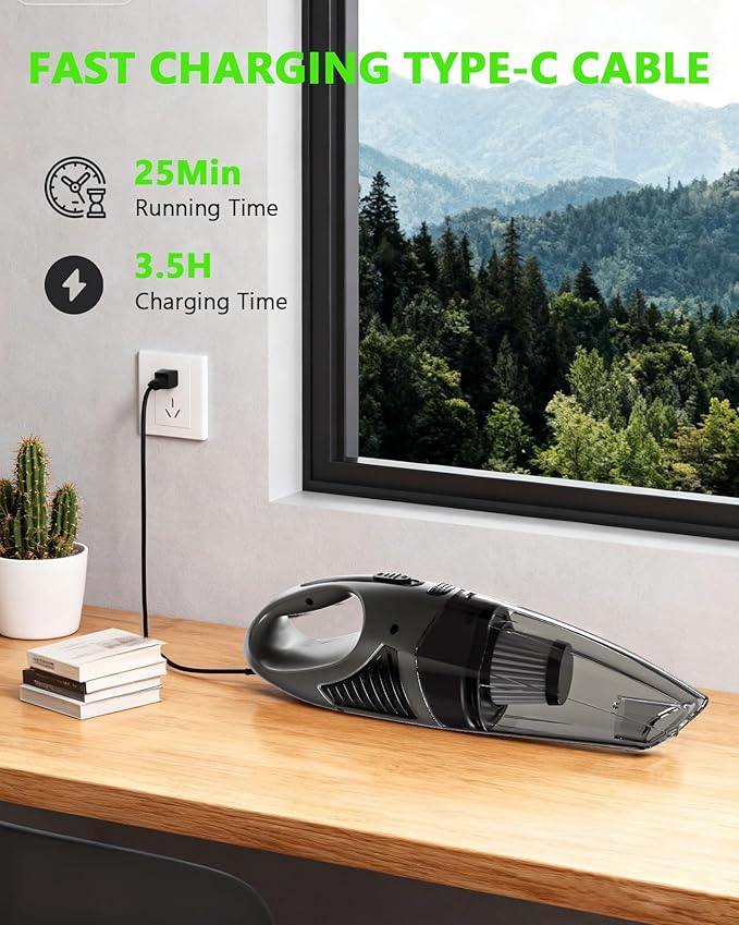 Handheld Vacuum Cordless, 11KPA Strong Suction & 25 Mins Runtime Brushless Motor, Rechargeable Car Vacuum Cleaner with 2 HEPA Filter/Multi-Accessories/Lightweight, for Home/Car/Office Cleaning