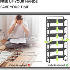 4NM No Assembly 6 Tiers Folding Bookshelf Storage Shelves Vintage Bookcase Standing Racks Study Organizer Home Office (All Black)