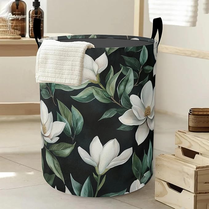 Vintage Magnolia Laundry Basket-Large Foldable Hamper Holder Portable Tall Collapsible Laundry Hamper Storage Basket Bin with Handles, Canvas & Waterproof lining for Household Items