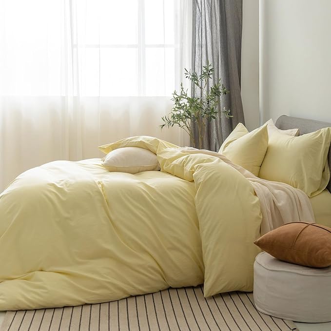 FOSSA Duvet Cover Set 100% Washed Cotton Linen Feel Super Soft Breathable Cozy 3 Pieces Bedding Sets Solid Pastel Yellow Oversized Queen