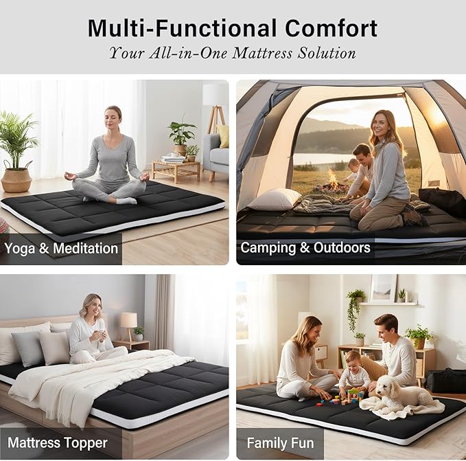 Tiita Memory Foam Mattress Topper Twin Size, 4" Thicken Futon Mattress with Storage Bag and 2 Straps, Portable Roll Up Travel Car Camping Mattress Floor Sleeping Pad, Black