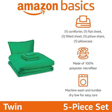 Amazon Basics 5 Piece Soft Microfiber Kid's Bed-in-a-Bag Bedding Set, Twin, Green, Solid