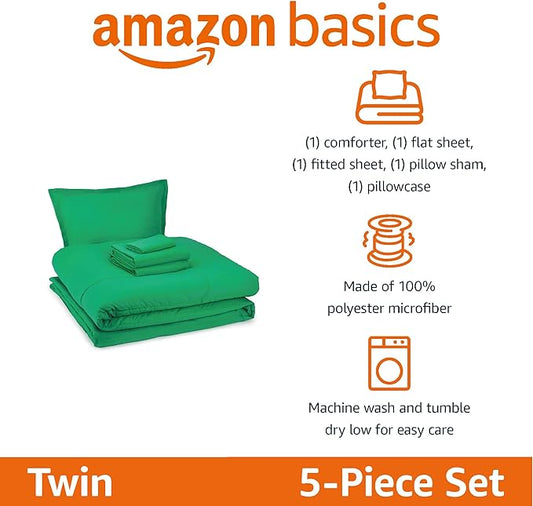 Amazon Basics 5 Piece Soft Microfiber Kid's Bed-in-a-Bag Bedding Set, Twin, Green, Solid