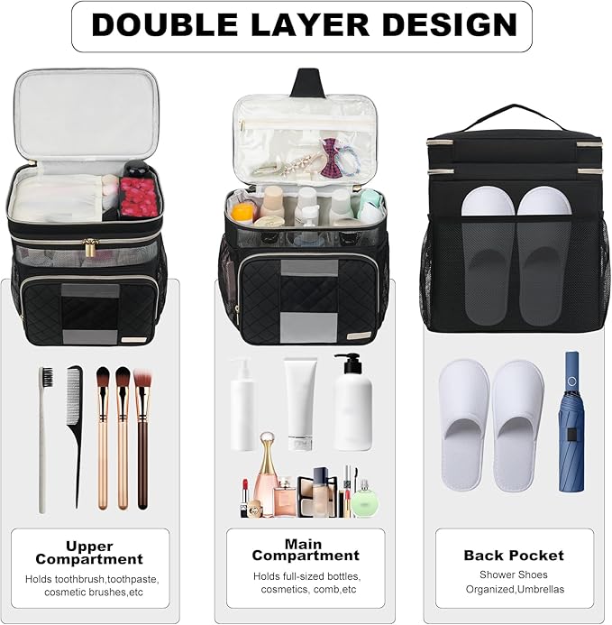 Portable Shower Caddy College, Quickly Dry Tolietry Mesh Tote Bag for Dorm Room Essentials, Hanging Bathroom Organizer Bag for Travel, Gym, Camping (Black)