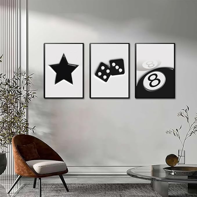 Black And White Dice Canvas Wall Art Set Of 3,Funky Retro Y2k 8 Ball Wall Decor Paintings, Funky Lucky Preppy Posters Prints Pictures For Game Room Apartment Dorm Teenager Room 12x16in Unframed