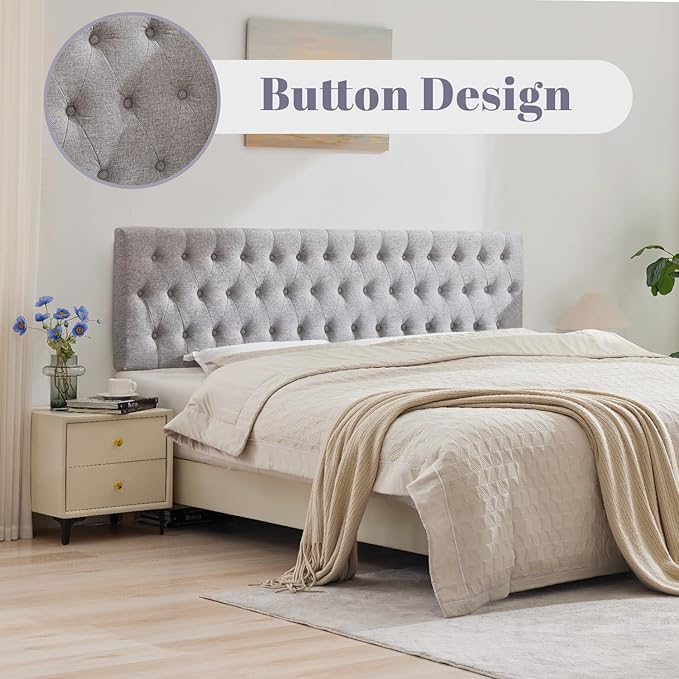 Kingfun Cal King Size Headboard only, Modern Button Tufted Upholstered Headboards, Premium Linen Fabric Headboard with Wooden Legs, Adjustable Solid Wood Head Board, Grey
