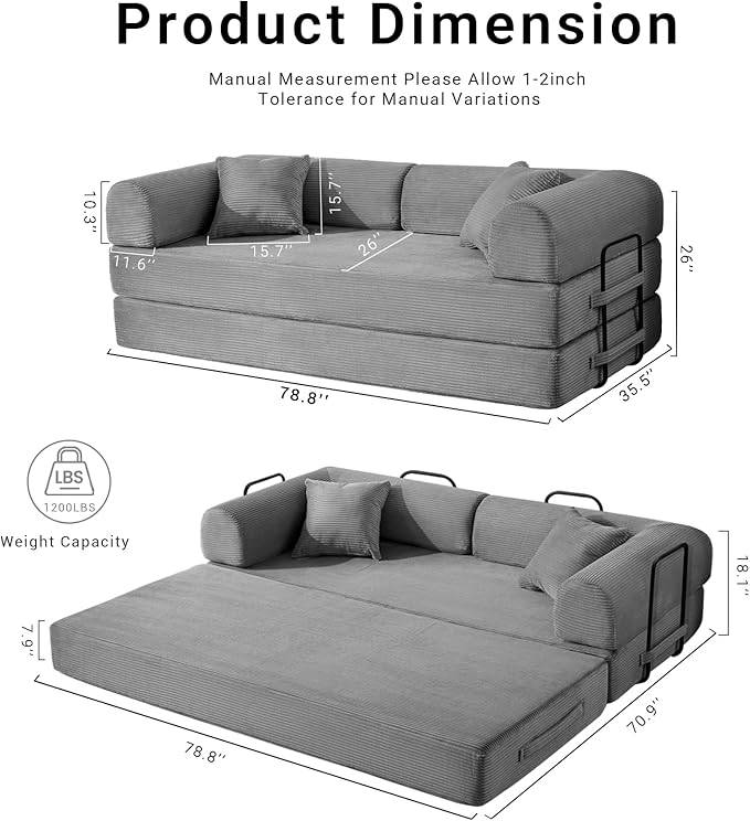 Compressed Sofa, Convertible Sofa Bed, Corduroy Compression Boneless Couch with Pillow, Comfy Modular Foldable Floor Sleeper Sofa for Bedroom, Living Room, Lounge, Studio (Light Gray)