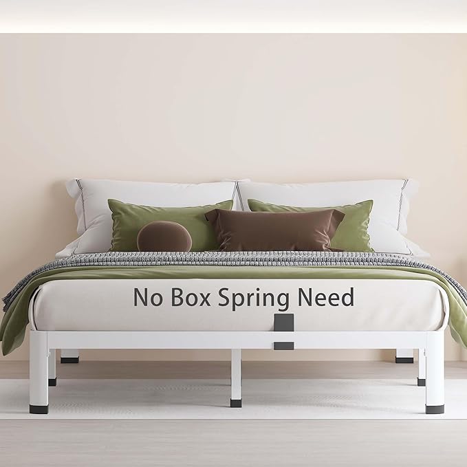 MAF 10 Inch Full Size Bed Frame White with Round Corner Legs Mattress Slide Stopper No Box Spring Needed Heavy Duty Metal Platform Bed Frames Under-Bed Storage Space, 3000 LBS Steel Slats Support