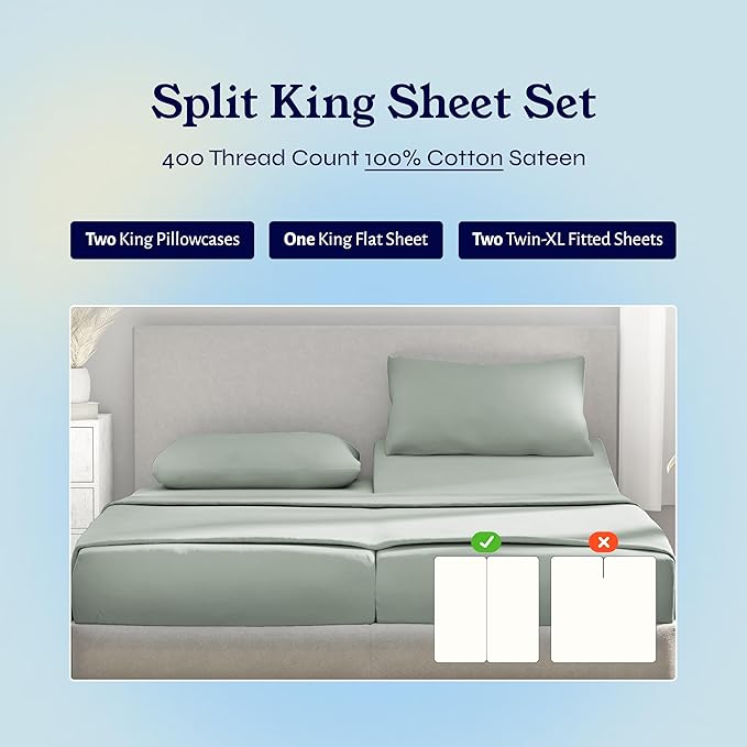 California Design Den Split King Sheets Sets for Adjustable Bed - Soft 400 Thread Count Sateen, Natural 100% Cotton Sheets with Deep Pockets, Breathable, and Durable Bedding Set - Sage Green