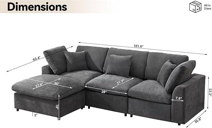 Modular Sectional Sofa Modern Oversized Chenille Cloud Couch with Movable Ottoman 4 Seater L-Shaped Sofas Comfy Couches for Living Room Spacious Space Office Lounge, Dark Grey