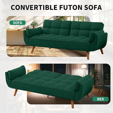 Solid Wood Feet Futon Couch Tufted Convertible Sleeper Sofa Bed Solid Wood Legs Adjustable Backrest Living Room Hemp Sponge S-Shaped Spring Eucalyptus Frame (Green)