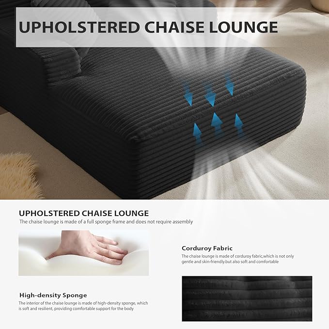 50 Inches Chaise Lounge Indoor, Oversized Chaise Lounge Chair with 3 Throw Pillows and Armrests, Corduroy Upholstered Plush Sofa Bed Lazy Chair Bed Sleeper Chair for Living Room Apartment (Black)