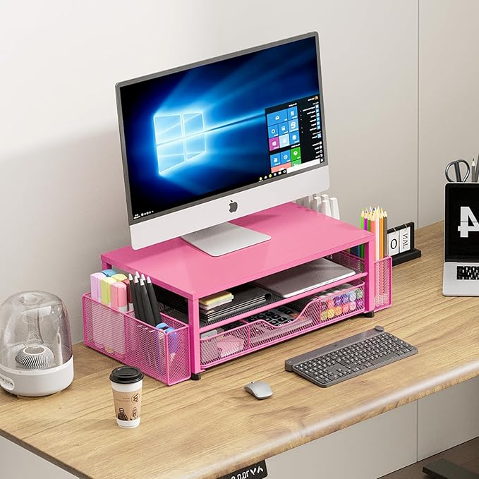 OPNICE Desk Organizer and Accessories, 2-Tier Computer Monitor Stand with Drawer and 2 Pen Holders, Laptop Stand, Office Desk Accessories for Office Supplies, Carmine Rose