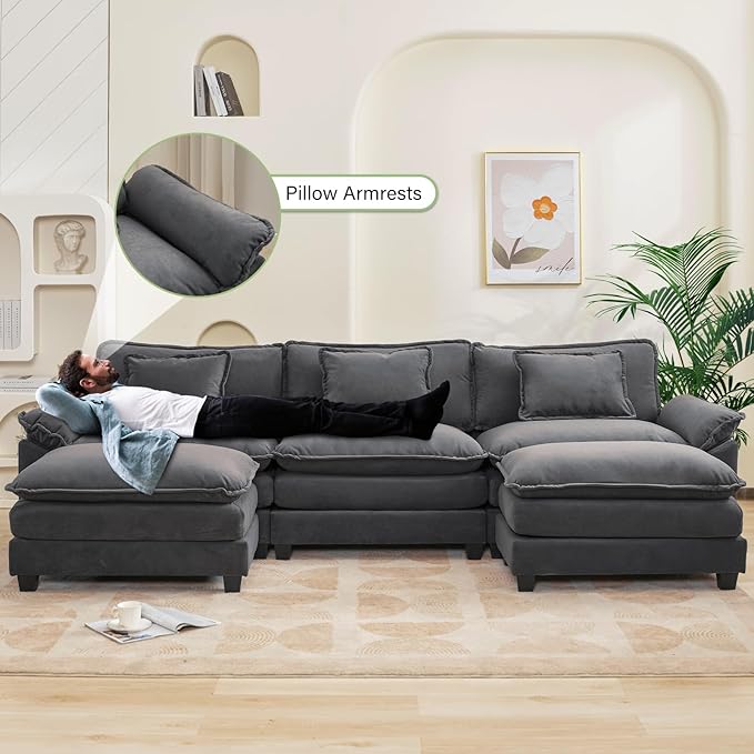 120" Modular Sectional Sofa, Comfy Cloud Couch Sectional Sofa with Ottoman, Chenille Sofa Sleeper Deep Seat Sofa with Throw Pillows for Living Room (Blue Gray, 120"- U Shape)