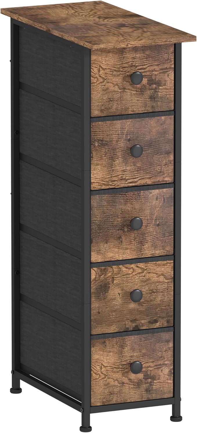 GiftGo Narrow Dresser Vertical Slim Dresser Chest of Drawers Skinny Storage Tower for Small Spaces Gaps Closet Bedroom Bathroom Small Fabric Drawer Unit (Rustic Brown, 5 Drawers)