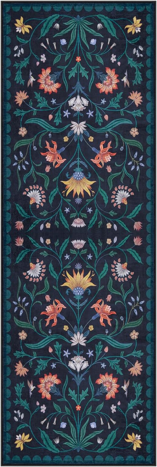 Lahome Boho Floral 2x6 Washable Kitchen Hallway Runner Rug Non Slip, Dark Blue Bathroom Carpet Runner, Soft Non-Skid Runners for Entryway Laundry(Dark Blue,2x6)