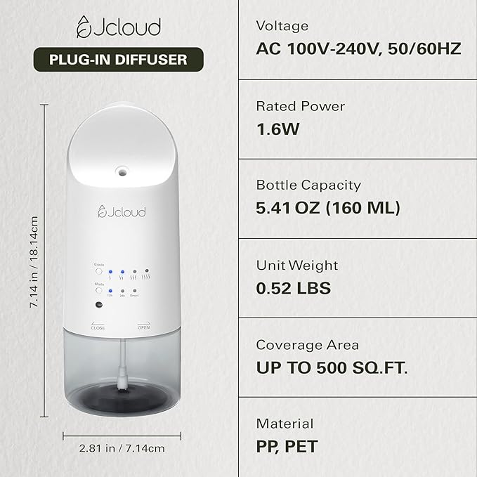 JCLOUD 2025 Plug in Diffuser | Cover Up to 500 Sq. Ft. for Home, Office, Spa – Portable Smart Wall Diffuser 160ML, White with Royal Serenity Essential Oil Inspired by Luxury Hotel - 140mL
