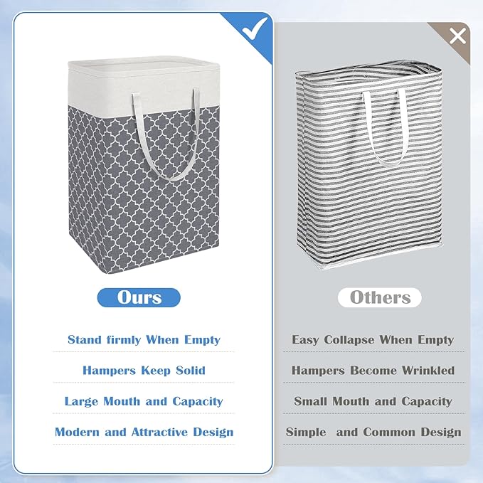 BlissTotes 3-Pack Laundry Basket, Freestanding＆Waterproof Laundry Hamper, Collapsible Tall Clothes Hamper with Easy Carry Handles for Clothes, Towels in the Family and Dorm,Clover Grey,88L