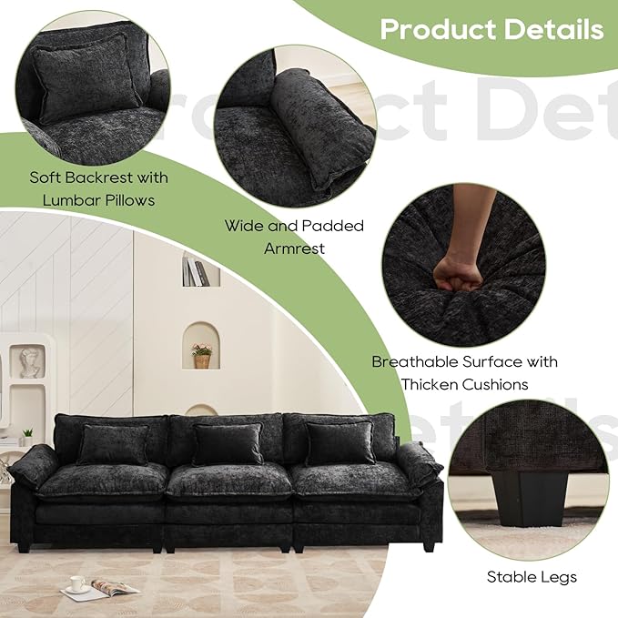 120" Modular Sectional Sofa, Comfy Cloud Couch Sectional Sofa, Chenille Sofa Sleeper Deep Seat Sofa with Throw Pillows for Living Room (Black, 120"- 3 Seater)