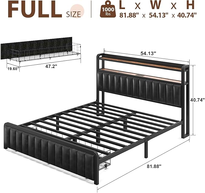 Full Size Bed Frame with 2-Tier Storage Headboard, Metal Platform Bed Frame with Storage Drawers, Built in Charging Station & LED Light, PU Leather, Non-Slip, Easy to Assemble, Black
