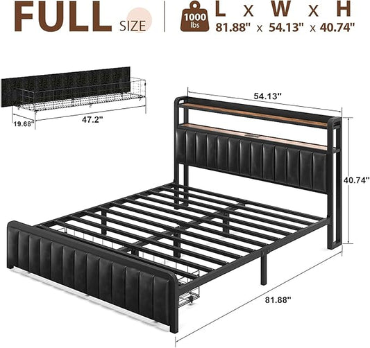 Full Size Bed Frame with 2-Tier Storage Headboard, Metal Platform Bed Frame with Storage Drawers, Built in Charging Station & LED Light, PU Leather, Non-Slip, Easy to Assemble, Black
