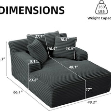 Oversized Chaise Lounge Chair Indoor Corduroy Sofa Bed with Throw Pillows Recliner Chair Comfy Large Deep Seat Sofa Couch for Living Room, Bedroom, Apartment (Dark Grey)