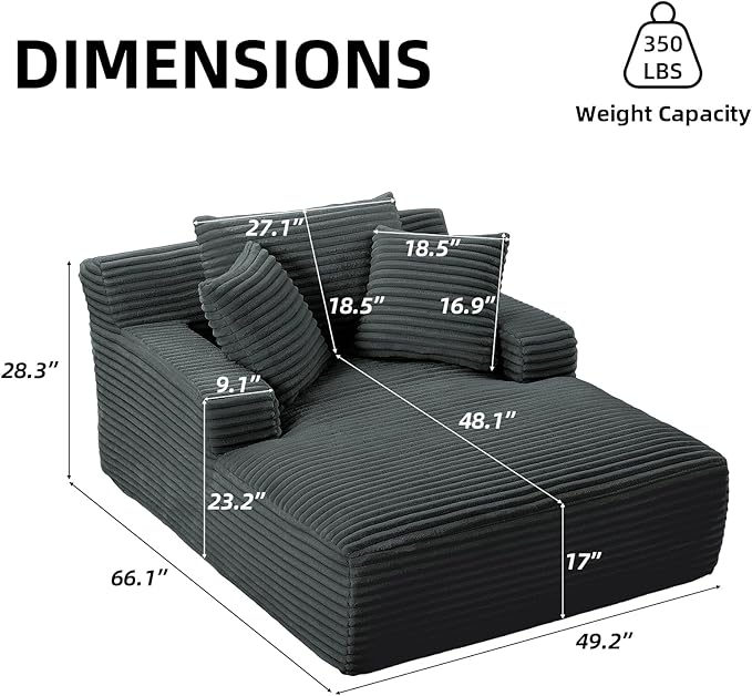 Oversized Chaise Lounge Chair Indoor Corduroy Sofa Bed with Throw Pillows Recliner Chair Comfy Large Deep Seat Sofa Couch for Living Room, Bedroom, Apartment (Dark Grey)