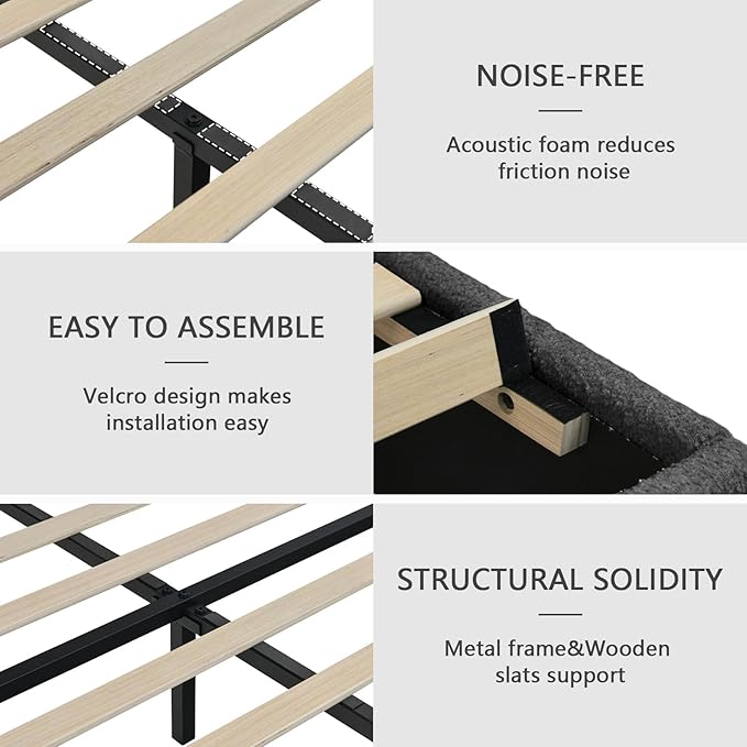 Full Size Bed Frame with Headboard, Cloud Boucle Upholstered Bed Frame, Modern Soft Style, Adjustable Headboard, No Box Spring Needed, Easy Assembly, Dark Grey