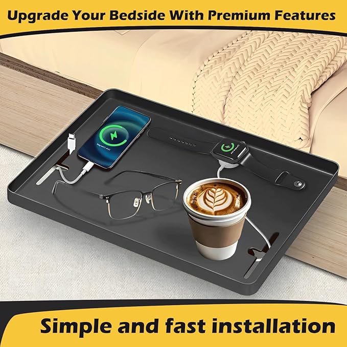 Bedside Shelf for Dorms – Space-Saving Clip-On Bed Tray with T-Shape Cable Management - Bed Caddy for College, Kids & Small Rooms