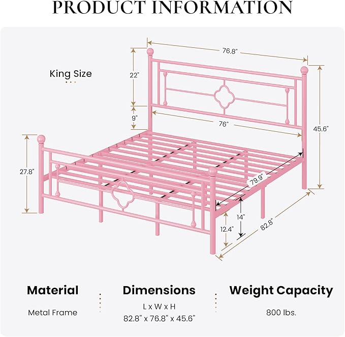 SHA CERLIN 14 Inches King Size Metal Platform Bed Frame/Vintage Iron-Art Headboard and Footboard/Mattress Foundation for Storage/No Box Spring Needed/Noise-Free/Easy Assembly/Pink