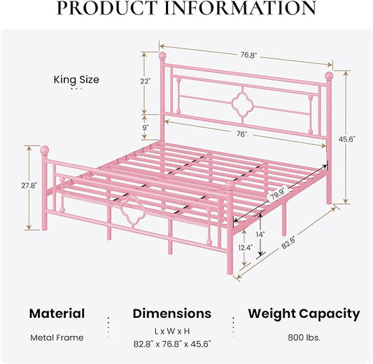 SHA CERLIN 14 Inches King Size Metal Platform Bed Frame/Vintage Iron-Art Headboard and Footboard/Mattress Foundation for Storage/No Box Spring Needed/Noise-Free/Easy Assembly/Pink