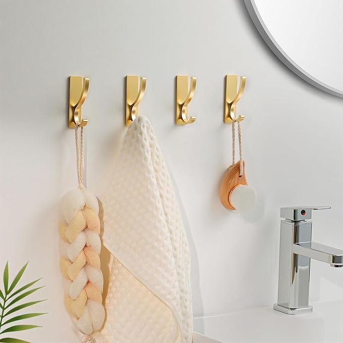 pickpiff 10-Pack Adhesive Wall Hooks for Towels - Sticky Hook Hanging Heavy Duty (13lb), Hanger for Door, Bathroom, Dorm, Closet - for Coats, Purse, Bag, Robe - No Damage to Wall - Brushed Gold