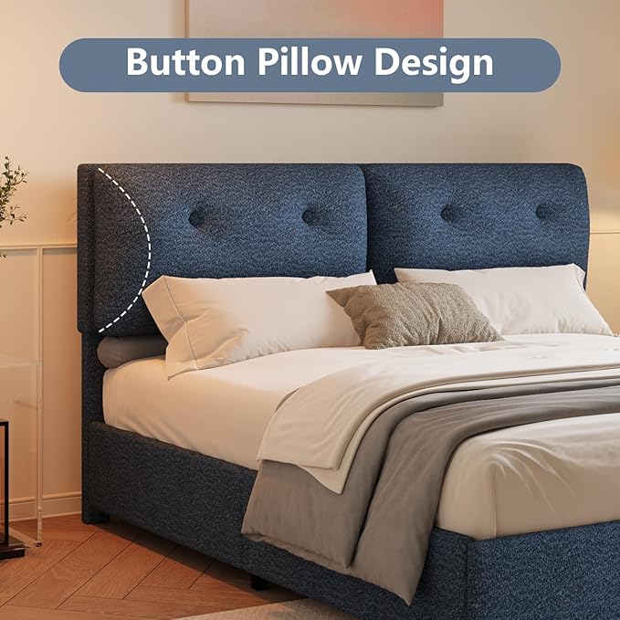 Full Size Bed Frame with Headboard, Cloud Boucle Upholstered Bed Frame, Modern Soft Style, Adjustable Headboard, No Box Spring Needed, Easy Assembly, Blue