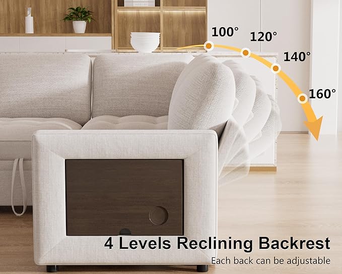 WEUP 8 Seat U Shaped Sectional Sleeper Sofa Bed with Pull Out Bed, Chenille Sectional Sleeper Couch with Adjustable Backrest, USB Ports, LED, Side Table, Tool-Free Assembly, Chenille Beige
