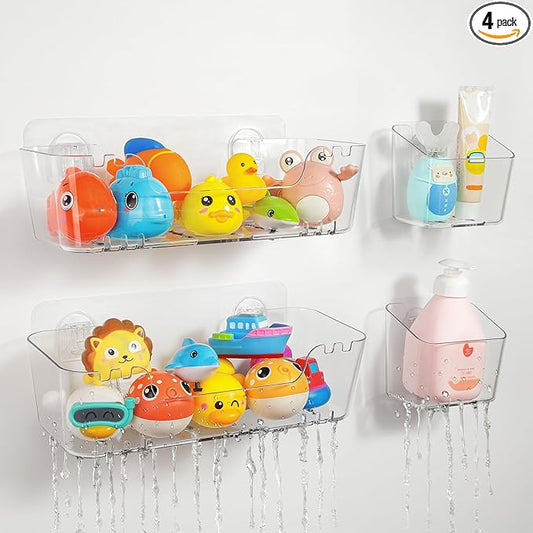 Bath Toy Storage Organizer 2+2 Pack, Transparent Bath Toy Holder with Drain Holes, Durable Plastic Bathtub Toy Storage for Bathroom, Quick-Dry Drainable Shower Caddy, Easy to Clean (Clear 2+2 Pack)