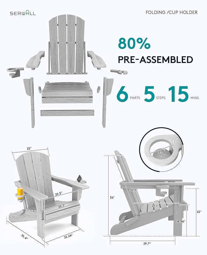 SERWALL Adirondack Chair with Cup Holders - Composite Adirondack Chairs Set of 6 HDPE Outdoor Chairs All Weather Use- Silver Gray
