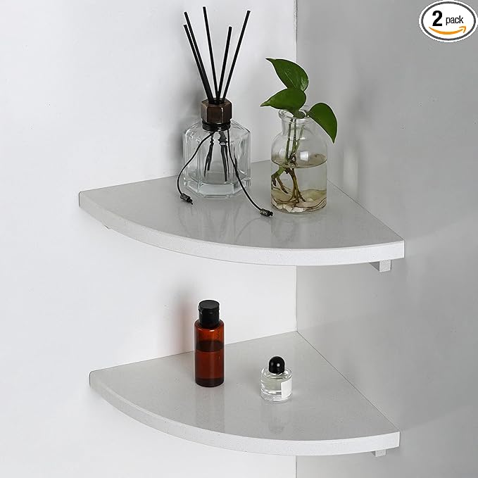 Koville Italian Marble Corner Shower Shelf for Bathroom, 10'' Marble Corner Shelves for Bath, Wall Mounted Stone Corner Shower Caddy, No Drilling Adhesive Shower Shelf - White Cliff (2-Layer)