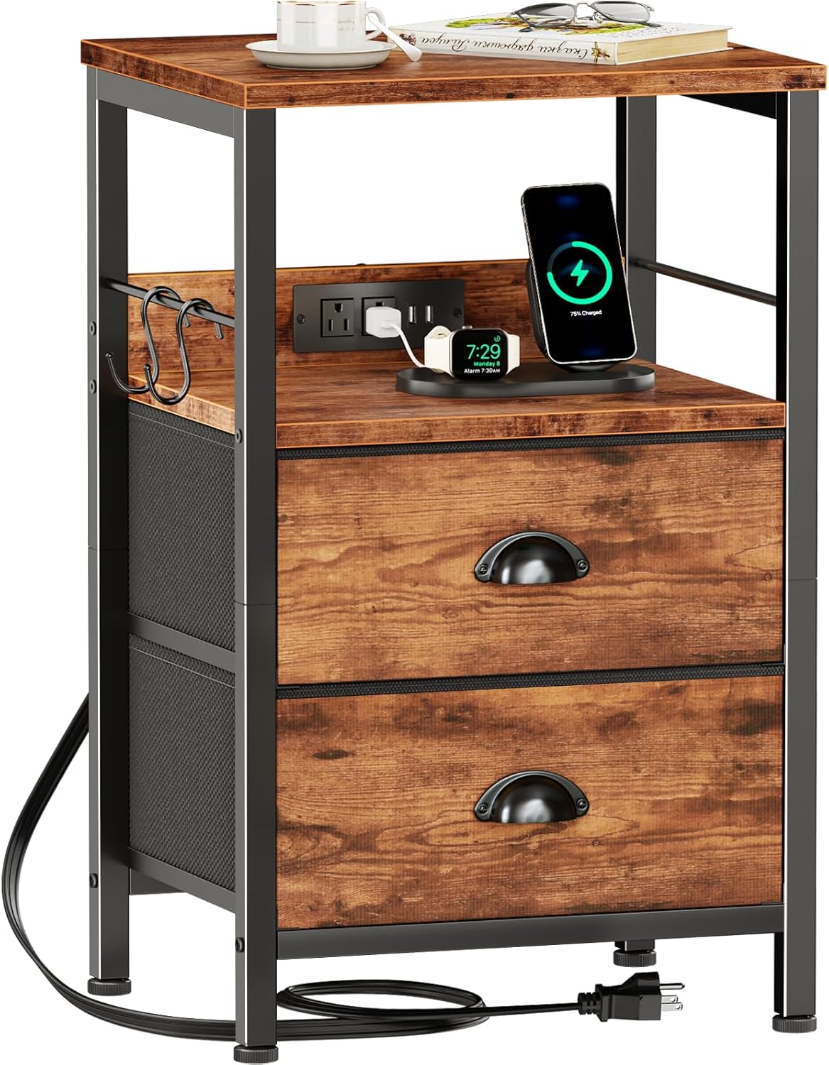 Furologee End Table with Charging Station, Nightstand with Fabric Drawers, Side Tables with USB Ports & Outlets, Night Stand with Storage Shelf & Hooks, for Living Room/Bedroom, White Dormly