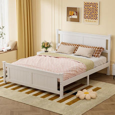 VINGLI Queen Bed Frame with Headboard Wood Platform Panel Bed,Heavy Duty Bed Slat No Box Spring Needed, White