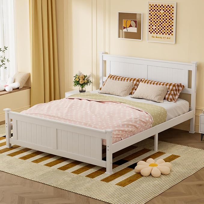 VINGLI Queen Bed Frame with Headboard Wood Platform Panel Bed,Heavy Duty Bed Slat No Box Spring Needed, White